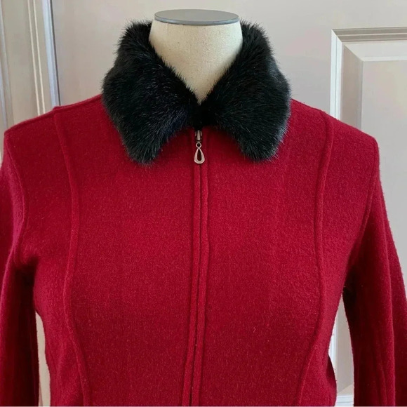 CAROLE LITTLE Boiled Wool Full Zip Faux Fur Collar Sweater Jacket M * Flaw - Picture 12 of 13